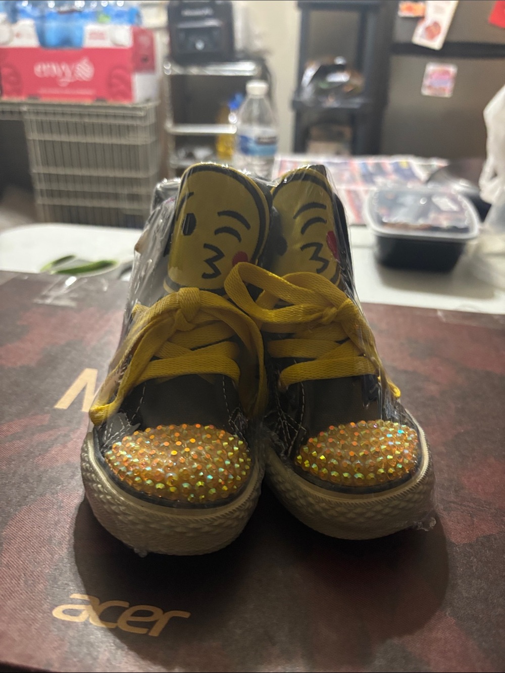 Kids Yellow Emoji High-Top converse Sneakers with Rhinestone Toes